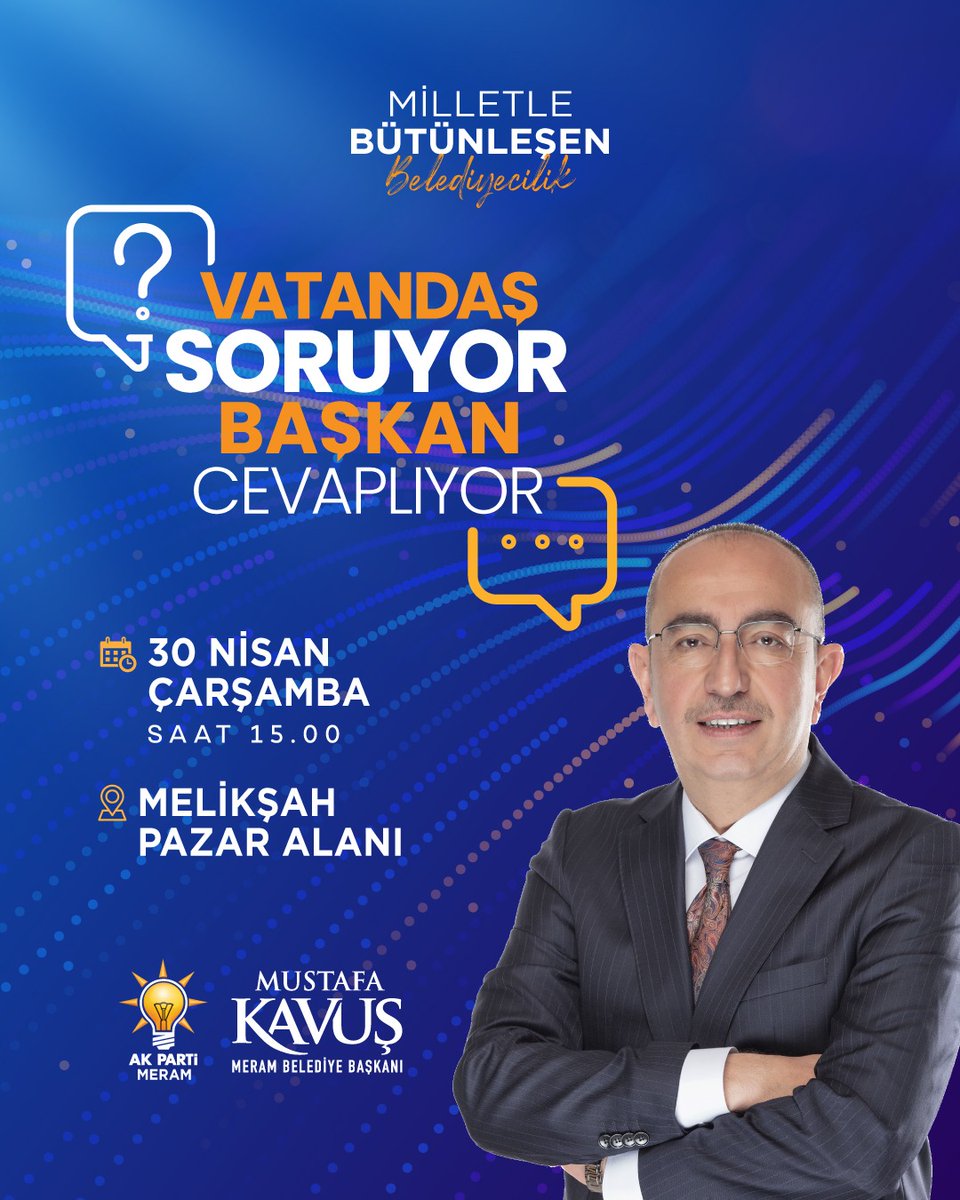 “Vatandaş Soruyor, Başkan Cevaplıyor” programları kapsamında bugün (30 Nisan Çarşamba) Yaka, Aşkan, Alavardı ve Melikşah mahalle sakinlerimizle bir araya geleceğiz.

📍Melikşah Pazar Alanı
⏰15.00