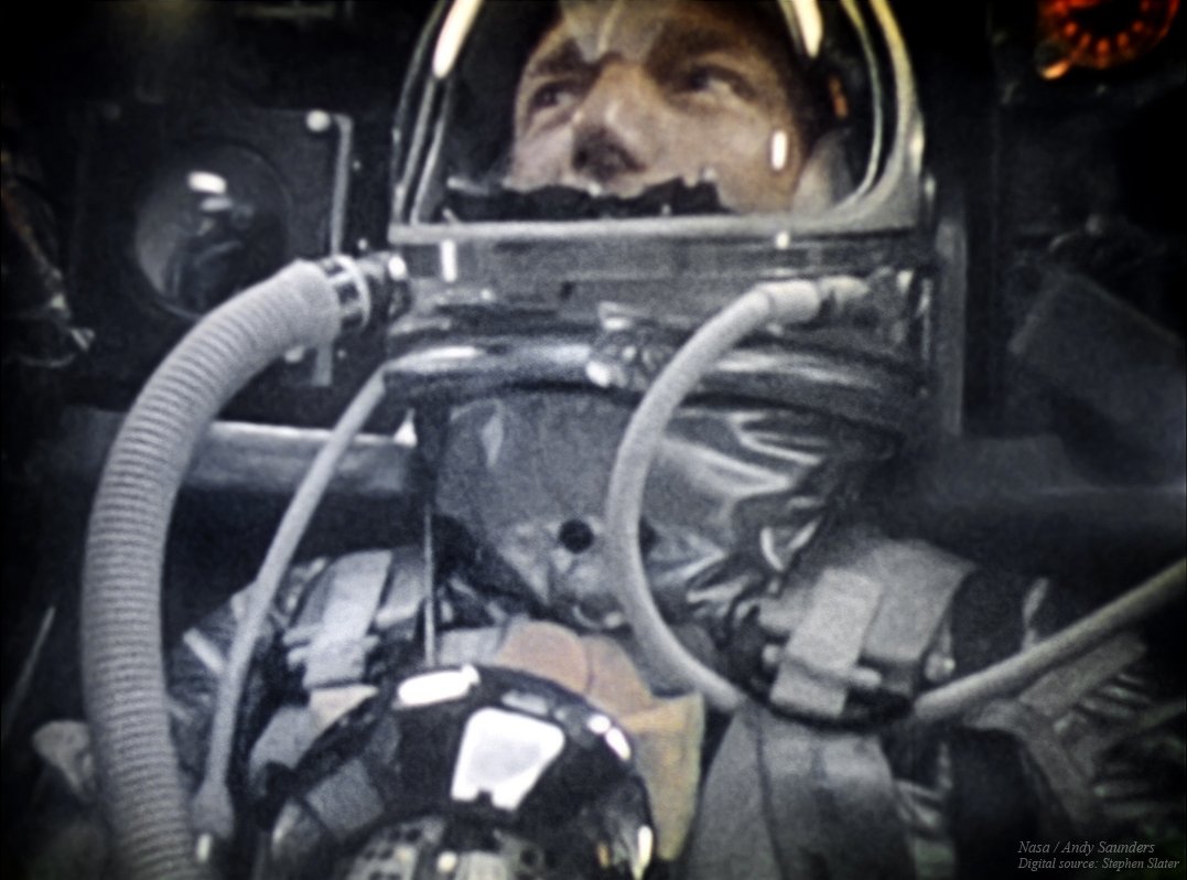 On what would've been Scott Carpenter's 100th birthday!
One of the 'Mercury 7', his 16mm film was water damaged at splashdown &amp; couldn't be effectively developed.
63 years on, we can finally see him clearly during flight, after restoring the film for #GeminiAndMercuryRemastered