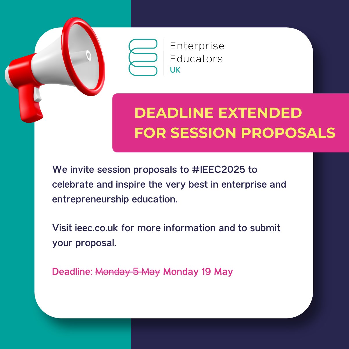 Deadline extended 📣

You now have an additional two weeks to submit your session proposal for the upcoming #IEEC2025!

Deadline: Midnight on Monday 19 May

Find out more and submit your session proposal here: ieec.co.uk/ieec2025/sessi…