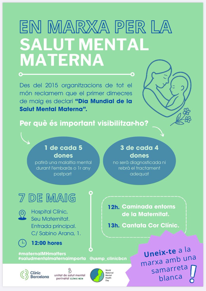 El dimecres 7 de maig ens posem en marxa per la salut mental materna 

#maternalMHmatters
#salutmental
#saludmentalmaternaimporta