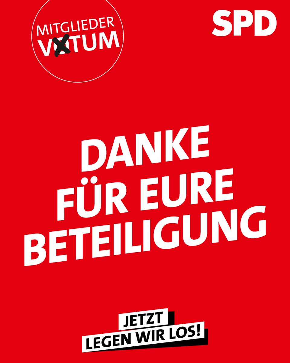 Über 358.000 Mitglieder waren gefragt – und ihr habt entschieden: Mit 84,6 % Ja-Stimmen zum Koalitionsvertrag gebt ihr uns den Auftrag, Verantwortung zu übernehmen. Danke an alle, die abgestimmt haben! Mitbestimmung wird bei uns groß geschrieben, deswegen entscheiden bei uns die