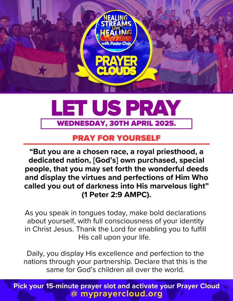 DivineHealtha's tweet photo. PRAYER CLOUDS GUIDE FOR WEDNESDAY, 30TH APRIL 2025 โ๏ธโ๏ธ๐ง๏ธ
๐ PRAY FOR YOURSELF
PICK A PRAYER SLOT and also mobilize a team of at least 10 people to pray for 15 minutes @ https://t.co/rXWASkryOK
๐ God bless you.
Like, share, comment.
#myprayercloud
#makeeverydayagreatyou https://t.co/vjaaSe44Ew