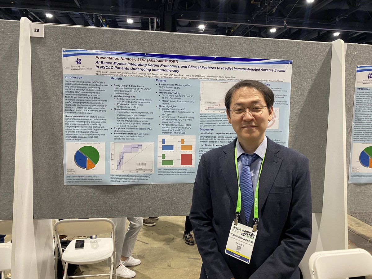 youngkwangchae's tweet image. At #AACR25, we presented that serum #proteomics-based AI models can predict both treatment response and toxicity in #lungcancer patients receiving #immunotherapy.
@AACR @NM_Lung @NUFeinbergMed @LurieCancer @NorthwesternMed @OncoAlert