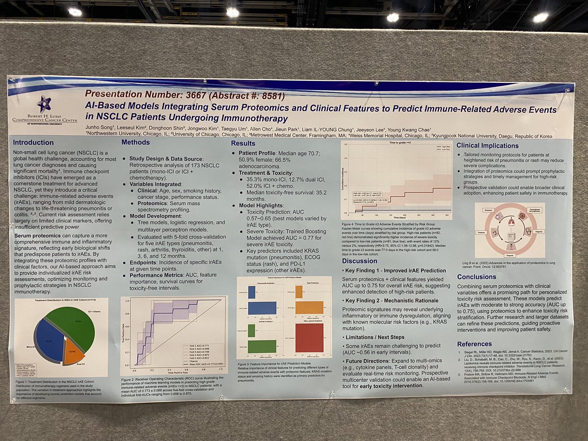 youngkwangchae's tweet image. At #AACR25, we presented that serum #proteomics-based AI models can predict both treatment response and toxicity in #lungcancer patients receiving #immunotherapy.
@AACR @NM_Lung @NUFeinbergMed @LurieCancer @NorthwesternMed @OncoAlert