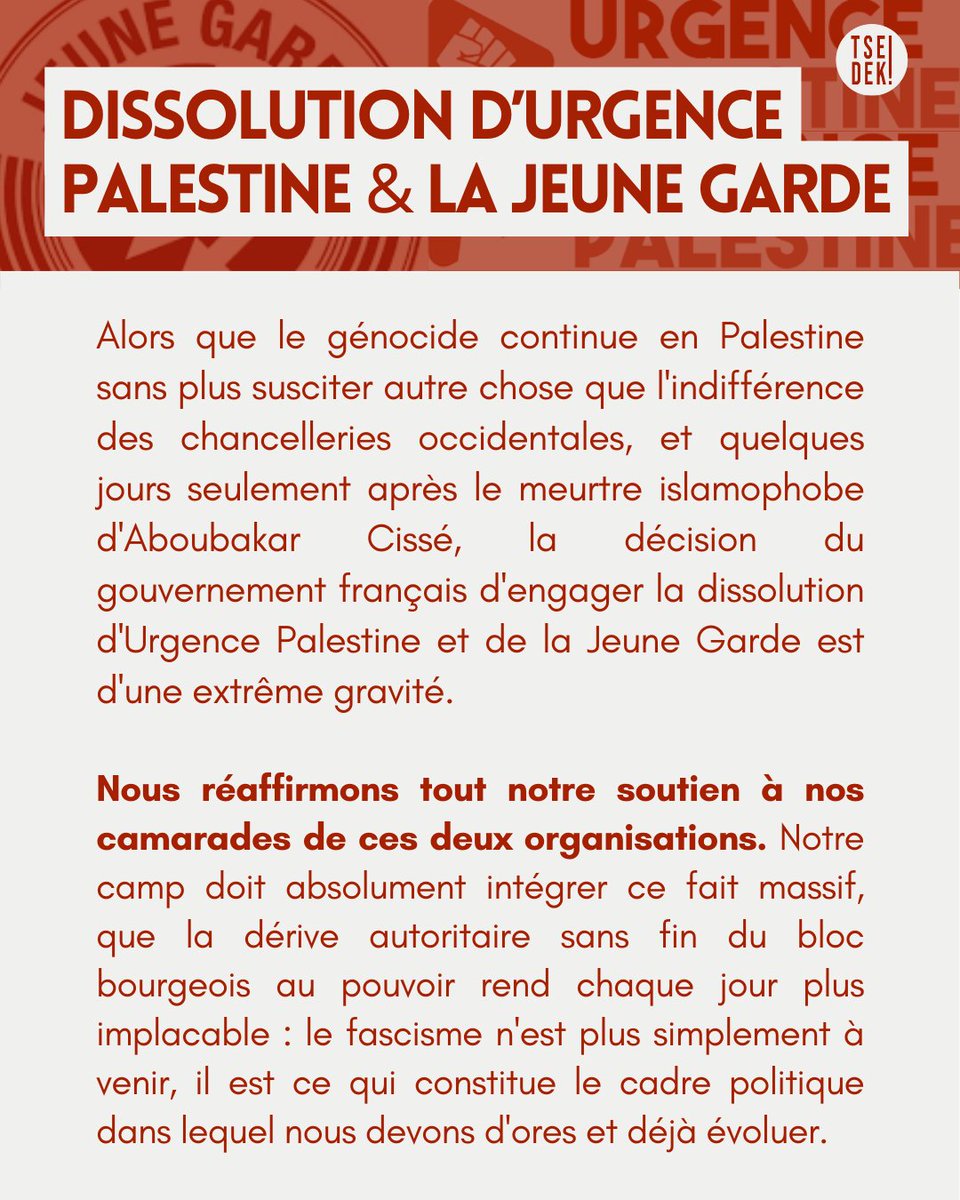 📣 C'est au tour d'Urgence Palestine et de La Jeune Garde d'être menacées de dissolution. Nous réaffirmons tout notre soutien à nos camarades de ces deux organisations. ⤵️