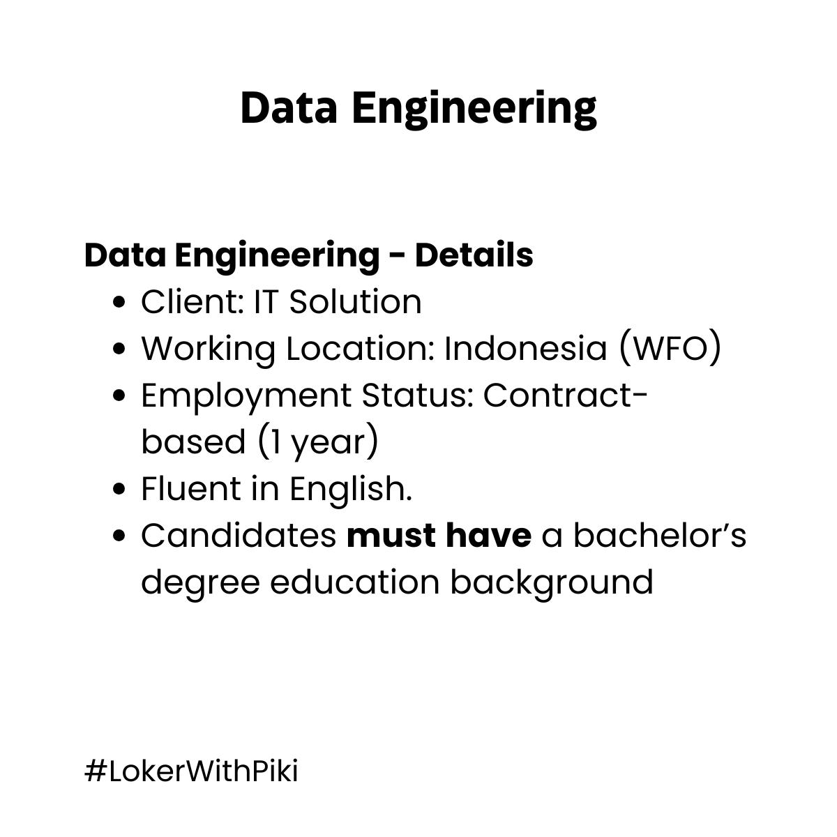 Piki~ (@vickyfarhan95) on Twitter photo Back again di #LokerWithPiki edisi #techjobs ya
Kali ini aku mau share #lokercot buat temen² Data Engineer. Posisi ini akan kontrak 1 tahun. Wajib lulus S1 ya.
Buat detailnya, mari kita cek thread ini aja yah
<a href="/hrdbacot/">HRD BACOT</a> <a href="/ecommurz/">Elon Murz | SVP of Meme Engineering</a> <a href="/ezash/">Eza Hazami - ハザミ。エザ</a> <a href="/primawansatrio/">Prima プリマ 🦉</a> <a href="/myassirullah/">M.Y</a> <a href="/ditoks/">Ditoks 🍉</a> Back again di #LokerWithPiki edisi #techjobs ya
Kali ini aku mau share #lokercot buat temen² Data Engineer. Posisi ini akan kontrak 1 tahun. Wajib lulus S1 ya.
Buat detailnya, mari kita cek thread ini aja yah
<a href="/hrdbacot/">HRD BACOT</a> <a href="/ecommurz/">Elon Murz | SVP of Meme Engineering</a> <a href="/ezash/">Eza Hazami - ハザミ。エザ</a> <a href="/primawansatrio/">Prima プリマ 🦉</a> <a href="/myassirullah/">M.Y</a> <a href="/ditoks/">Ditoks 🍉</a>