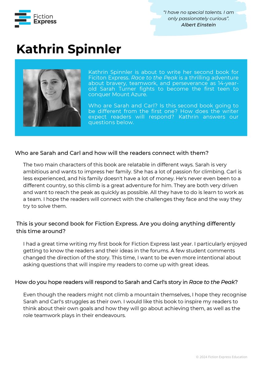 📄 We present you a short interview with our #Fictionexpress author, #KathrinSpinnler.

✏️ She’s about to cocreate the new level 2 #English book "Race to the Peak".

💬 “I have no special talents. I am only passionately curious”. Albert Einstein