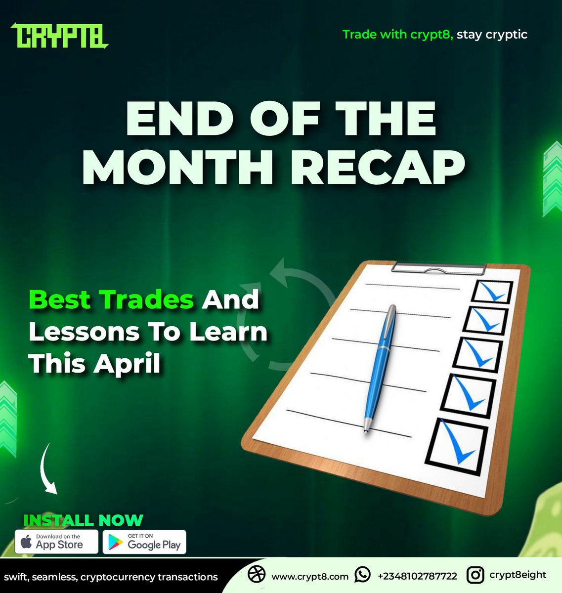 Crypt8eight's tweet image. What were your biggest wins and lessons from April?
Let’s reflect! 💭📊

#MonthlyRecap #CryptoLessons #AprilWise