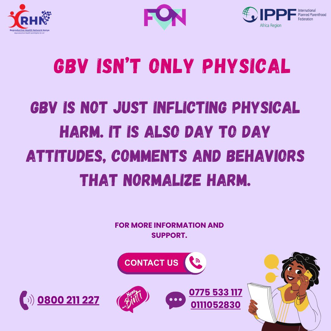 Did you know that #GBV isn’t just physical? It also shows up in words, attitudes and actions that normalize harm.

Speak up. #NenaNaBinti. Break the silence and report #GBV. Together, we can create safer spaces for all.
<a href="/Omolloh/">Edison Omollo</a>