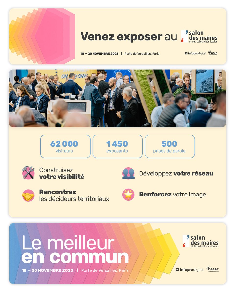 Participer au #SMCL2025 permet de rencontrer les décideurs des territoires français.

➡️ Réservez votre emplacement stratégique !

Rdv du 18 au 20 nov à Paris Expo, en parallèle du Salon des Sports et Parasports, ainsi que du Salon de la Biodiversité et du Génie écologique.