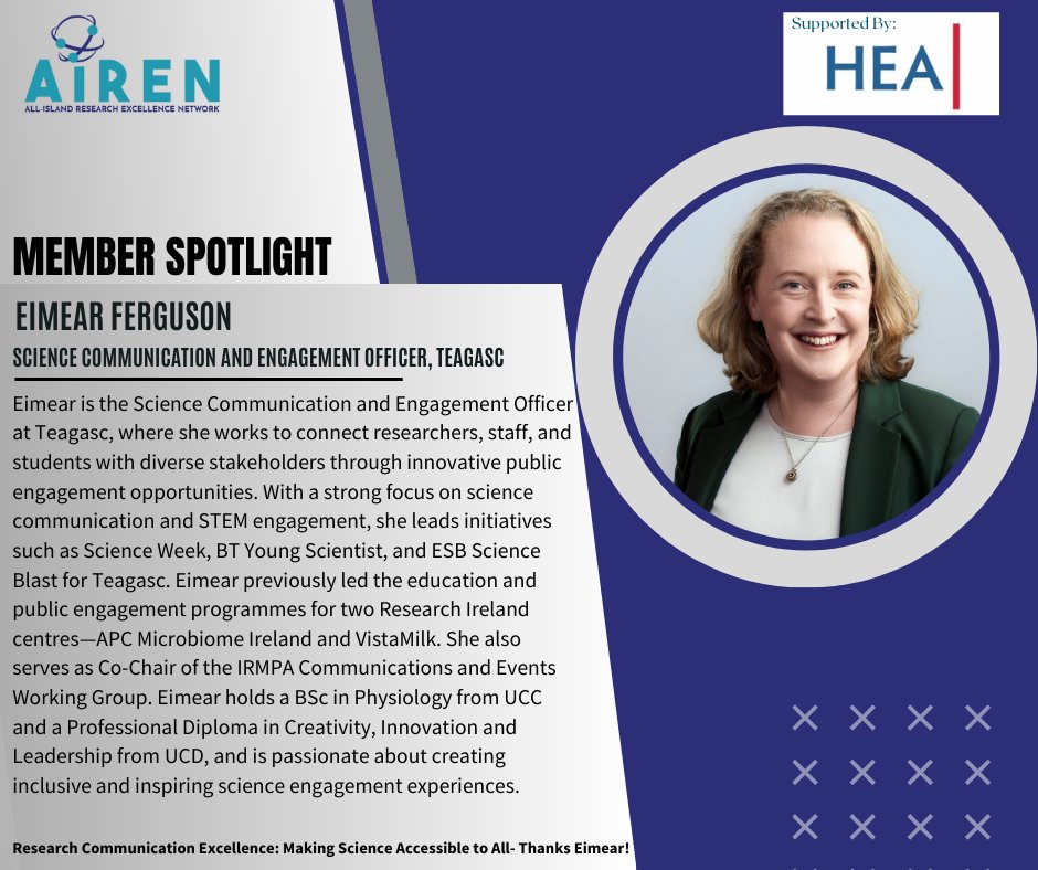 AirenNetwork's tweet image. 🌟 AIREN&apos;s Member Spotlight returns with @Eimear_Ferguson from Teagasc! 

🔬 Connecting researchers through innovative engagement &amp;amp; making science accessible to all! 

#AIREN #ScienceEngagement #Crossbordercollaboration