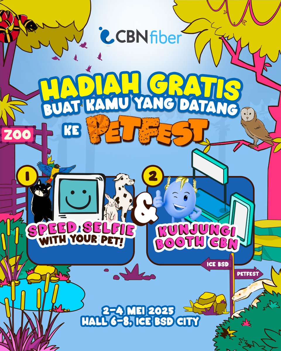 di_cbn's tweet photo. Siapa nih yang hadir ke PETFEST?
Dapatkan hadiah GRATIS di booth CBN yuk!
Caranya gampang banget tinggal datang ke booth & foto selfie bareng pet kamu
yuk ikutan.
#CBNFiber
#InternetCepat
#Internetunlimited
#InfiniteExperience
#ConnectBalanceNature https://t.co/v8m4ZkDj7X