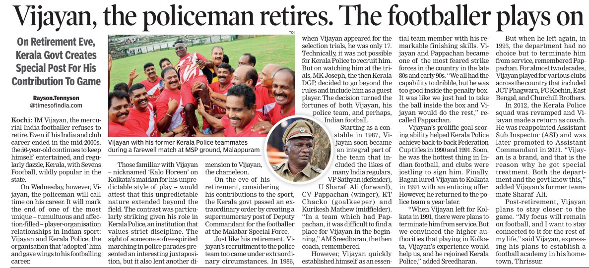 If football is an emotion, no one personified it better for Indian football fans than IM Vijayan. Today, he bids farewell to his role in the Kerala Police, a team that captured the imagination of countless Keralites in the 90s. Adieu, Vijayetta! Hoping to see you more involved in