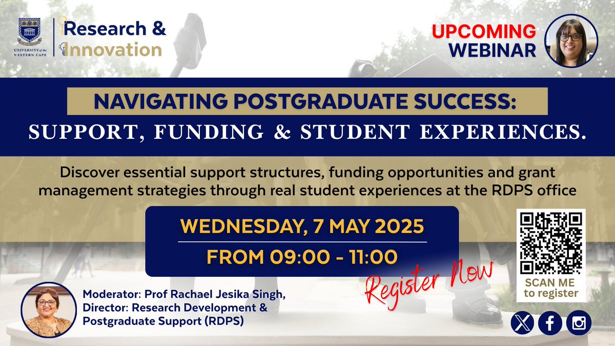 UwcResearch's tweet image. 🎓 Postgrad at UWC? 
Don’t miss our webinar: Navigating Postgraduate Success

💬 Support, 💰Funding, 🗣️Real student stories
📅 7 May 2025
 ⏰ 9:00 - 11:00 SAST
Register: uwc.zoom.us/webinar/regist…

#UWCPostgrad 
#PostgradSuccess 
#FundingYourFuture