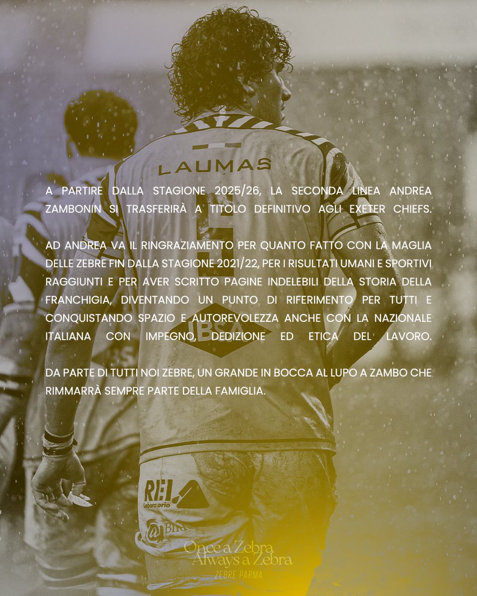 Andrea Zambonin si trasferirà a titolo definitivo agli Exeter Chiefs dalla stagione 2025/2026.

Vogliamo augurare ad Andrea il meglio per questa nuova esperienza prestigiosa ✨💛💙

Leggi il comunicato stampa sul nostro sito.
(Link nelle storie)

#WeAreZebre