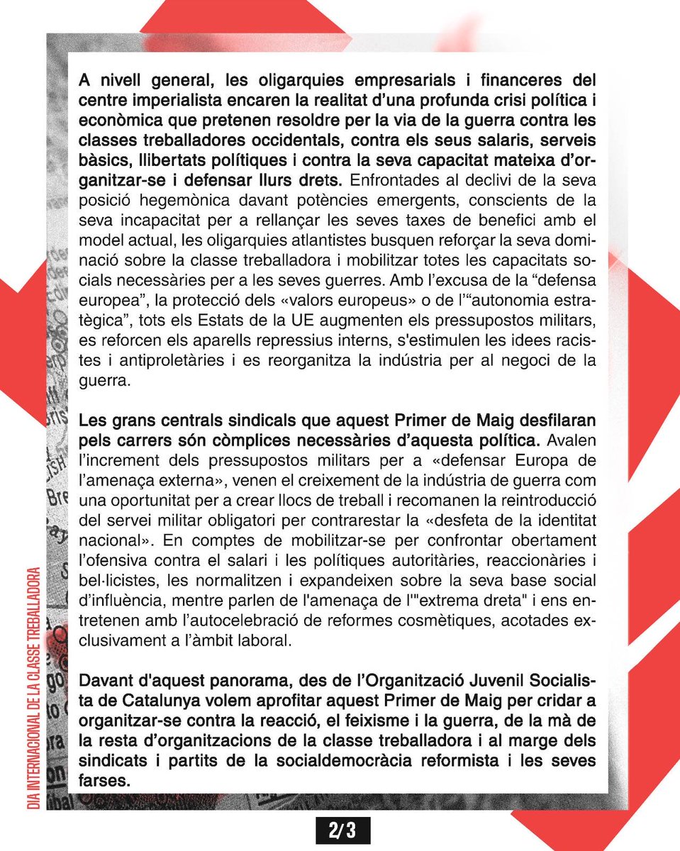 OJS_CAT's tweet photo. 📝 || 1M: Fem front a la reacció, al feixisme i la guerra, construïm el socialisme.

Compartim la lectura política entorn el Dia Internacional de la Classe Treballadora.

Construïm el socialisme! https://t.co/US57HD7rQ3