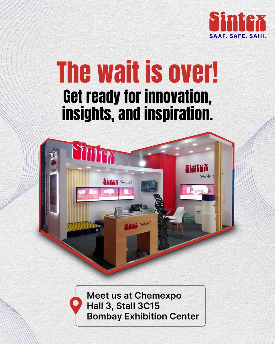 We don’t just build containers, we shape the future of how industries move.
Catch us at ChemExpo.
📍 Hall 3, Stall 3C15, Bombay Exhibition Center

#Sintex #SintexTanks #SaafSafeSahi #ChemExpo