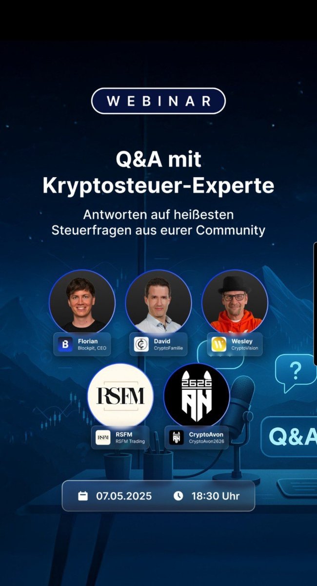CryptoAvon2626's tweet image. Krypto &amp;amp; Steuern – heißes Thema, heiße Speaker!  #blockpit 

Seid dabei beim Webinar am 07.05.2025 und rockt eure Finanzen!
Die Anmeldeseite für unser Webinar am 07.05.2025 ist live: 
blockpit.io/de-de/webinars…

Meldet euch gerne an!
👇
E-Mail-Ablauf:
Bestätigt eure E-Mail-Adresse.…