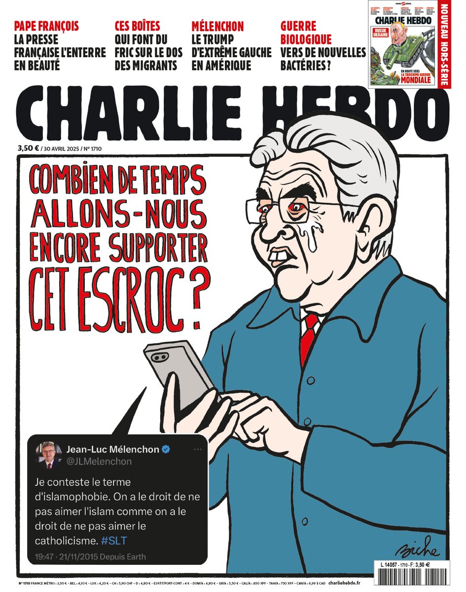 <a href="/EddySardou/">Eddy Mitchel Sardou (parodie)</a> Incroyable cynisme, comédie scandaleuse de <a href="/JLMelenchon/">Jean-Luc Mélenchon</a> qui se compose en une fraction de seconde une tête d'enterrement, juste après avoir déclaré, hilare : "ce qui est bien, c'est qu'on parle de nous". 
Oui, <a href="/Charlie_Hebdo_/">Charlie Hebdo</a> en a même fait sa une :