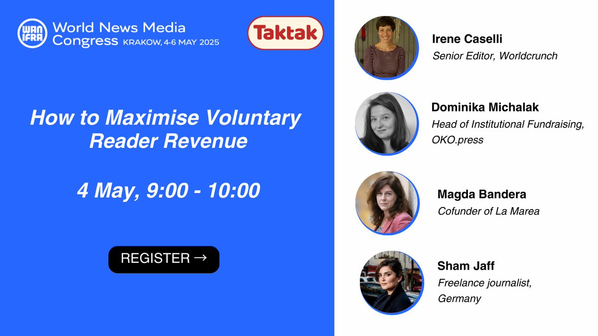 🙌 Join us at the WAN-IFRA World News Media Congress in Krakow on 4 May for the session: "𝗛𝗼𝘄 𝘁𝗼 𝗠𝗮𝘅𝗶𝗺𝗶𝘀𝗲 𝗩𝗼𝗹𝘂𝗻𝘁𝗮𝗿𝘆 𝗥𝗲𝗮𝗱𝗲𝗿 𝗥𝗲𝘃𝗲𝗻𝘂𝗲" organised by Taktak!

🗓️ 4 May , 9:00 CEST

The programme 👉 lnkd.in/d5py7kHu

#WNMC #TaktakSolution