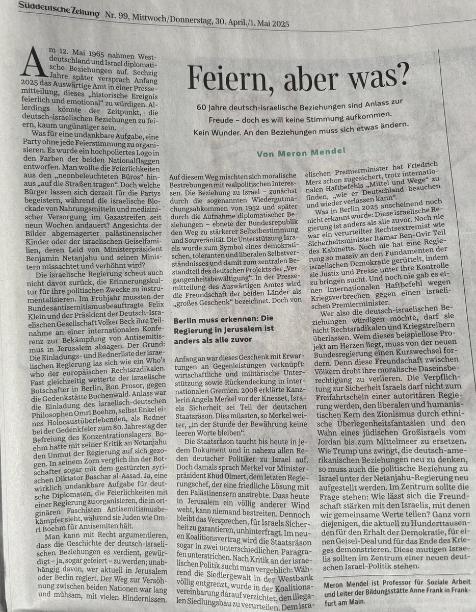 Dr. Meron Mendel (@meronmendel) on Twitter photo Wie Trump uns zwingt, die deutsch-amerikanischen Beziehungen neu zu denken, so muss auch die politische Beziehung zu Israel unter Netanjahu neu aufgestellt werden. Mein heutiger Kommentar in der <a href="/SZ/">Süddeutsche Zeitung</a> zu 60 Jahre diplomatische Beziehungen 🇮🇱🇩🇪
sueddeutsche.de/meinung/deutsc… Wie Trump uns zwingt, die deutsch-amerikanischen Beziehungen neu zu denken, so muss auch die politische Beziehung zu Israel unter Netanjahu neu aufgestellt werden. Mein heutiger Kommentar in der <a href="/SZ/">Süddeutsche Zeitung</a> zu 60 Jahre diplomatische Beziehungen 🇮🇱🇩🇪
sueddeutsche.de/meinung/deutsc…