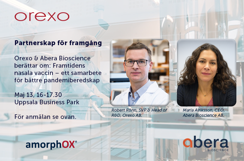 Nyligen meddelade vi framsteg i samarbetet med Aberas där vi siktar på att utvecka nya vacciner. Nyfiken på att veta mer? Kom och lyssna när #Orexo s forskningschef Robert Rönn, tillsammans med Aberas VD Maria Alriksson håller en presentation. Anmälan: uppsala-business-park.confetti.events/life-after-work