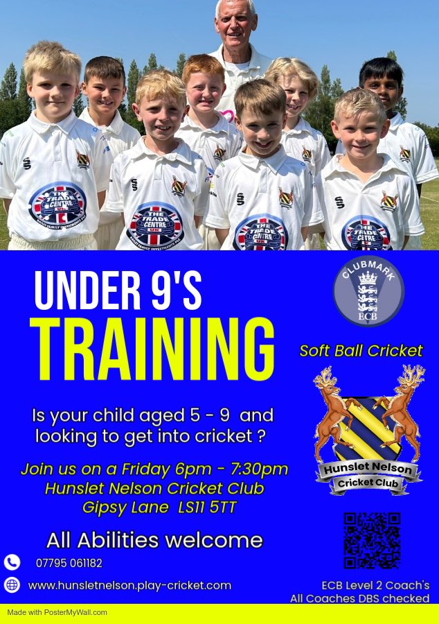 Hunslet Nelson Cricket Club is looking for children at ages 6, 7, 8 and 9 (school years 1, 2, 3 and 4)
 
Training is held on Friday evenings 6 until 7.30 p.m.  

Coaching is undertaken be ECB level 2 coaches who are DBS checked.