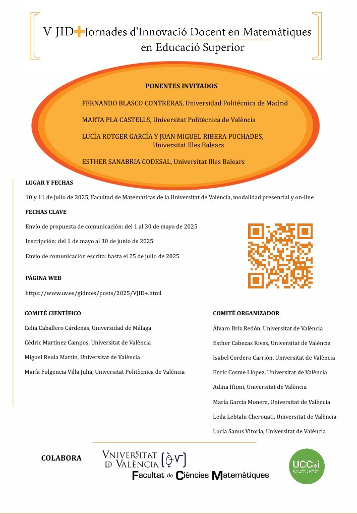 María García Monera (@mariagmonera) on Twitter photo Mañana 1 de mayo se abre la inscripción gratuita a las jornadas VJID+✨
Ponentes invitad@s:
- Fernando Blasco (UPM) <a href="/fblascoxyz/">Fernando Blasco</a>
- Marta Pla (UV) <a href="/mplacastells/">Marta Pla i Castells</a>
- Lucía Rotger y JuamMi Ribera (UIB) <a href="/luciarotger/">Lucia Rotger</a> <a href="/juanripu/">Juan Miguel Ribera</a>
-Esther Sanabria (UPV)
+Info:
uv.es/gidmes/posts/2… Mañana 1 de mayo se abre la inscripción gratuita a las jornadas VJID+✨
Ponentes invitad@s:
- Fernando Blasco (UPM) <a href="/fblascoxyz/">Fernando Blasco</a>
- Marta Pla (UV) <a href="/mplacastells/">Marta Pla i Castells</a>
- Lucía Rotger y JuamMi Ribera (UIB) <a href="/luciarotger/">Lucia Rotger</a> <a href="/juanripu/">Juan Miguel Ribera</a>
-Esther Sanabria (UPV)
+Info:
uv.es/gidmes/posts/2…