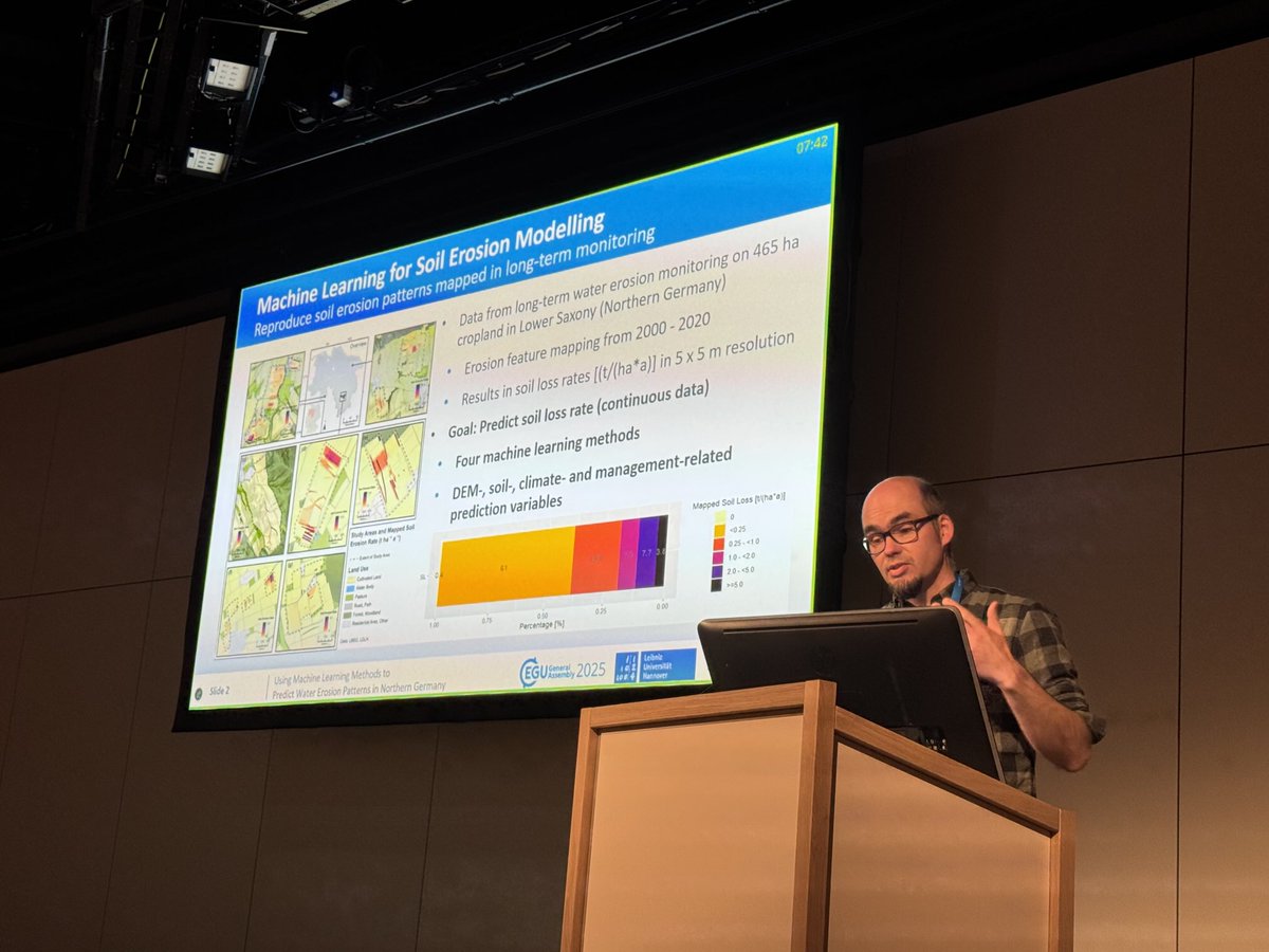 Bastian Steinhoff-Knopp from ⁦<a href="/Thuenen_aktuell/">Thünen-Institut</a>⁩ talks about the use of machine learning in #soilerosion research at #EGU 2025