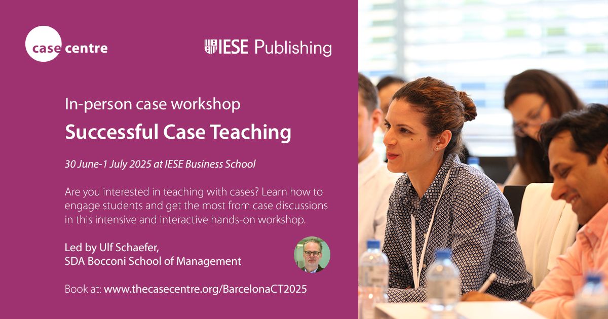 The Case Centre (@thecasecentre) on Twitter photo Are you interested in teaching with cases? Are you looking for new and exciting ways to reinvigorate your teaching?
This two-day in-person workshop at <a href="/iesebschool/">IESE Business School</a> on 30 June and 1 July will give you fresh inspiration in the classroom.
👉 thecasecentre.org/BarcelonaCT2025
#caseworkshop Are you interested in teaching with cases? Are you looking for new and exciting ways to reinvigorate your teaching?
This two-day in-person workshop at <a href="/iesebschool/">IESE Business School</a> on 30 June and 1 July will give you fresh inspiration in the classroom.
👉 thecasecentre.org/BarcelonaCT2025
#caseworkshop