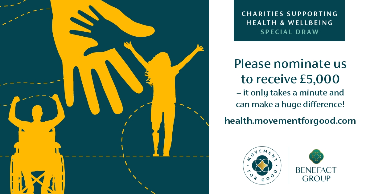 Help us win £5,000! 🎉

This month, the Benefact Group are running a Health &amp; Wellbeing Special Draw where 10 charities will each win £5,000.
 
It is quick and easy to nominate us, just click the link below 👇

health.movementforgood.com

Voting closes at midnight on 4th May!💜