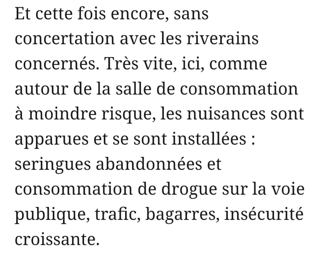 Terrible constat sur la lourde responsabilité des pouvoirs publics et du milieu associatif qu'ils financent : les riverains n'ont qu'un droit celui de subir leurs décisions insensées.
<a href="/CaVautrin/">Catherine Vautrin</a> <a href="/BrunoRetailleau/">Bruno Retailleau</a> <a href="/GDarmanin/">Gérald DARMANIN</a> <a href="/NunezLaurent/">Laurent Nuñez</a>
<a href="/ARS_IDF/">ARS Île-de-France</a>  <a href="/RemiFeraud/">Rémi Féraud</a>