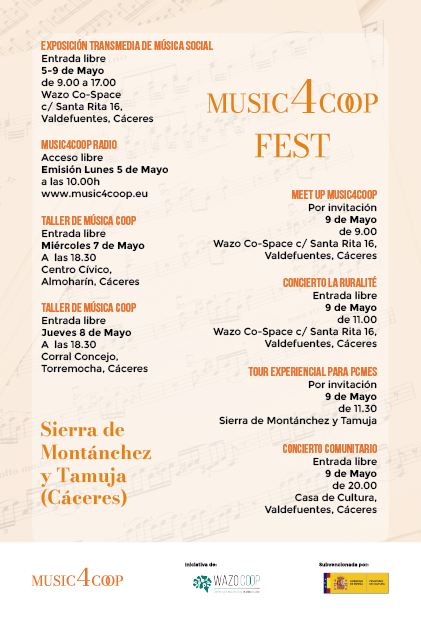 ArcheoAndrea's tweet photo. 🌟 El 9 de mayo despedimos Music4Coop Fest en Valdefuentes con un programa lleno de música y cooperación:
🔸 Encuentro profesional
🔸 Concierto del Ensemble La Ruralité
🔸 Tour experiencial por la comarca
🔸 Concierto comunitario con jóvenes talentos
 #Music4Coop #WazoCoop https://t.co/Q8WOzu7cTn