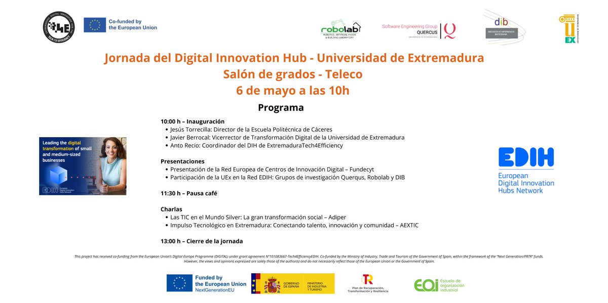 UEx (@infouex) on Twitter photo ✅Jornada organizada por el Digital Innovation Hub de la UEx
ℹ️Durante el evento, presentaremos la Red Europea de Centros de Innovación Digital (EDIH), casos de éxito y oportunidades de colaboración desde la UEX.
📝Confirma tu asistencia <a href="/EPCC_Unex/">Escuela Politécnica CC</a>
forms.gle/AsYZZEprMwbkhi… ✅Jornada organizada por el Digital Innovation Hub de la UEx
ℹ️Durante el evento, presentaremos la Red Europea de Centros de Innovación Digital (EDIH), casos de éxito y oportunidades de colaboración desde la UEX.
📝Confirma tu asistencia <a href="/EPCC_Unex/">Escuela Politécnica CC</a>
forms.gle/AsYZZEprMwbkhi…