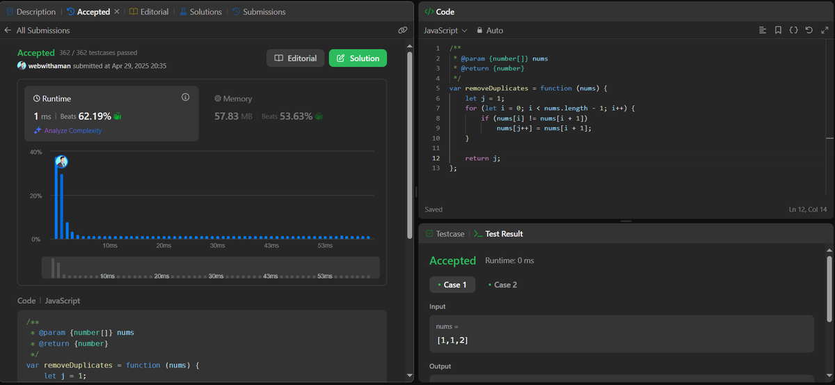 webwithaman's tweet photo. 🚀 DSA &amp; Problem-Solving Progress [Class 66] Job Ready AI Powered Cohort by @sheryians_

📝 Solved:
✅ Merge Sorted Arrays
✅ Remove Duplicates from Array
✅ Duplicate Zeros

🔗 Source Code: https://t.co/PwPm51bmXC

@harshbhaiyaa #DSA #ProblemSolving #JavaScript #CodingJourney https://t.co/tnrIgwhkE2