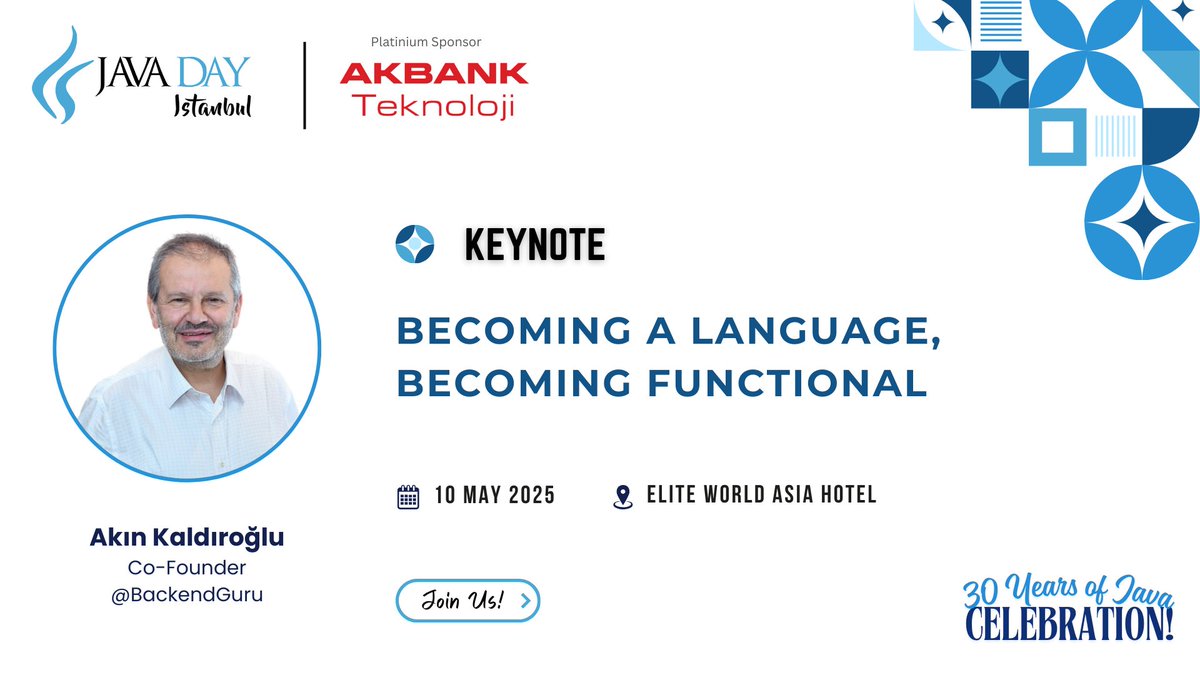 Java Day Istanbul (@javadayistanbul) on Twitter photo 🎙️Akın Kaldıroğlu <a href="/kaldiroglu/">Akin Kaldiroglu</a>, "𝗕𝗲𝗰𝗼𝗺𝗶𝗻𝗴 𝗟𝗮𝗻𝗴𝘂𝗮𝗴𝗲, 𝗕𝗲𝗰𝗼𝗺𝗶𝗻𝗴 𝗙𝘂𝗻𝗰𝘁𝗶𝗼𝗻𝗮𝗹" keynote oturumu ile Java'nın C/C++'ın yerini almak üzere başlayan yolculuğundan, bugün yazılım dünyasını şekillendiren güçlü bir ekosisteme dönüşümünü ele alacak.
📅 Tarih: 🎙️Akın Kaldıroğlu <a href="/kaldiroglu/">Akin Kaldiroglu</a>, "𝗕𝗲𝗰𝗼𝗺𝗶𝗻𝗴 𝗟𝗮𝗻𝗴𝘂𝗮𝗴𝗲, 𝗕𝗲𝗰𝗼𝗺𝗶𝗻𝗴 𝗙𝘂𝗻𝗰𝘁𝗶𝗼𝗻𝗮𝗹" keynote oturumu ile Java'nın C/C++'ın yerini almak üzere başlayan yolculuğundan, bugün yazılım dünyasını şekillendiren güçlü bir ekosisteme dönüşümünü ele alacak.
📅 Tarih: