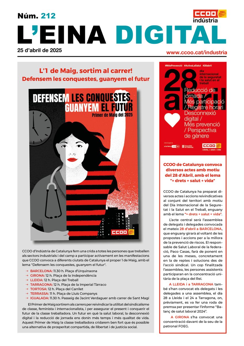 Aquest primer de maig, defensem tot el que hem aconseguit, plantem cara a l'onada reaccionària i guanyem un futur digne, just i on ningú no es quedi enrere. 

T'esperem demà a les manifestacions del Primer de Maig del conjunt del territori
ccoo.cat/noticies/prime…