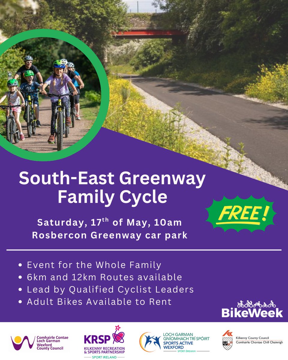 Sports Active (@sportactivewex) on Twitter photo 🚴🚴♂️🚴♀️Sports Active Wexford is delighted to partner with <a href="/wexfordcoco/">Wexford County Council</a> and <a href="/KilkennySport/">Kilkenny Recreation & Sport Partnership</a> to bring this Fun Family Cycle during Bike Week to the South-East Greenway. This cycle will include two routes starting from the Greenway Rosbercon Car Park, making it suitable for all the 🚴🚴♂️🚴♀️Sports Active Wexford is delighted to partner with <a href="/wexfordcoco/">Wexford County Council</a> and <a href="/KilkennySport/">Kilkenny Recreation & Sport Partnership</a> to bring this Fun Family Cycle during Bike Week to the South-East Greenway. This cycle will include two routes starting from the Greenway Rosbercon Car Park, making it suitable for all the