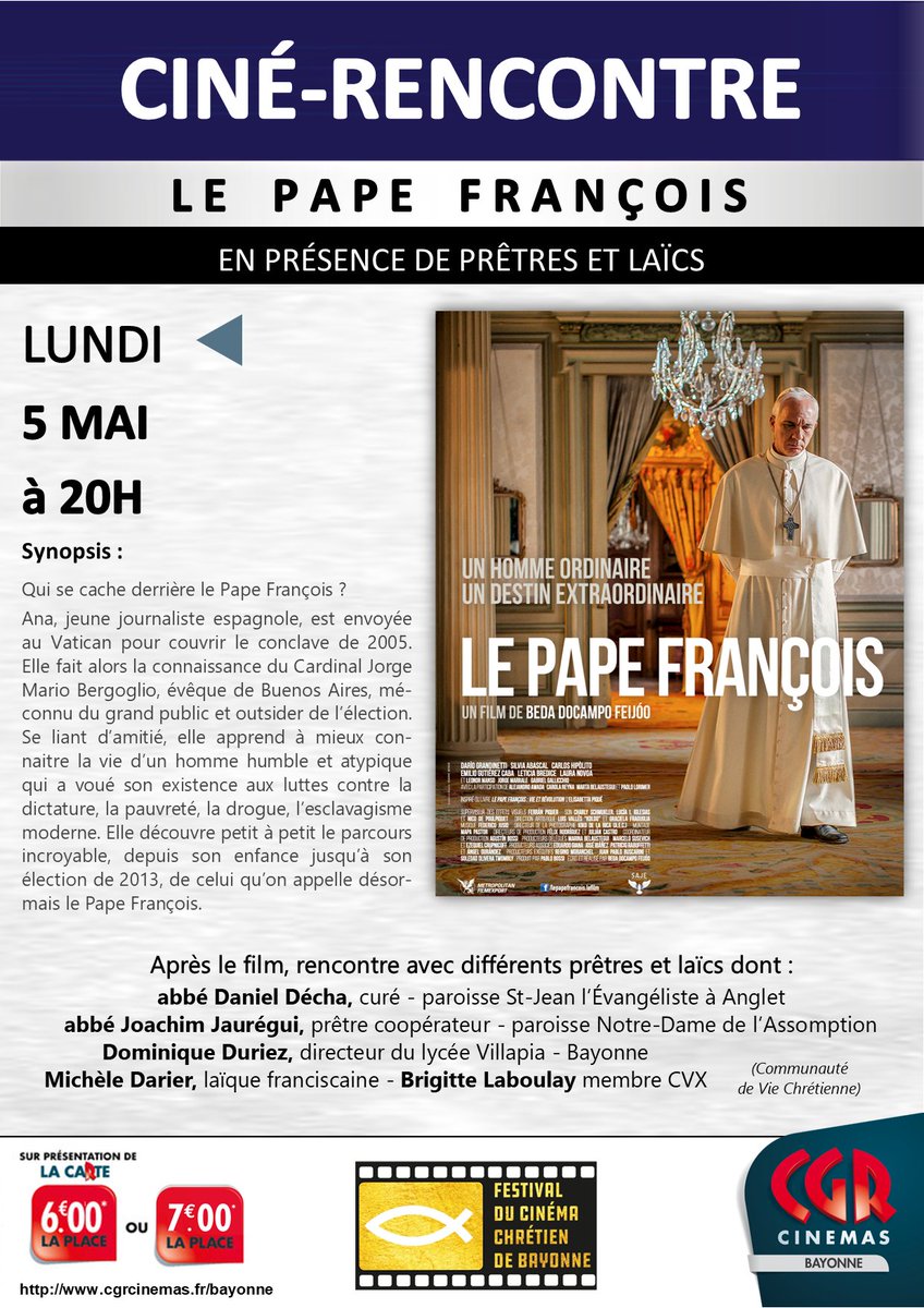 Hommage au Pape François, Le lundi 5 mai 2025 à 20h au <a href="/CgrBayonne/">Cinéma CGR Bayonne</a> Ciné-Rencontre avec le film "Le Pape François"
en présence de prêtres et de laïcs dont :
Réservations : cgrcinemas.fr/evenements/408…

<a href="/sajedistrib/">SAJE Distribution</a> <a href="/VilleDeBayonne/">VilleDeBayonne</a>