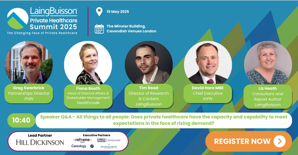 Private Healthcare Intelligence (@phci_lb) on Twitter photo Is private healthcare ready to meet rising expectations?
Thought leaders from <a href="/PHIN_UK/">The Private Healthcare Information Network</a>, <a href="/LaingBuisson/">LaingBuisson</a>, <a href="/IndHealthPN/">Independent Healthcare Providers Network</a> & <a href="/healthcodeltd/">Healthcode</a> take your questions at #PrivateHealthcareSummit.
🔗 View the full agenda: eu1.hubs.ly/H0jCMX70 Is private healthcare ready to meet rising expectations?
Thought leaders from <a href="/PHIN_UK/">The Private Healthcare Information Network</a>, <a href="/LaingBuisson/">LaingBuisson</a>, <a href="/IndHealthPN/">Independent Healthcare Providers Network</a> & <a href="/healthcodeltd/">Healthcode</a> take your questions at #PrivateHealthcareSummit.
🔗 View the full agenda: eu1.hubs.ly/H0jCMX70