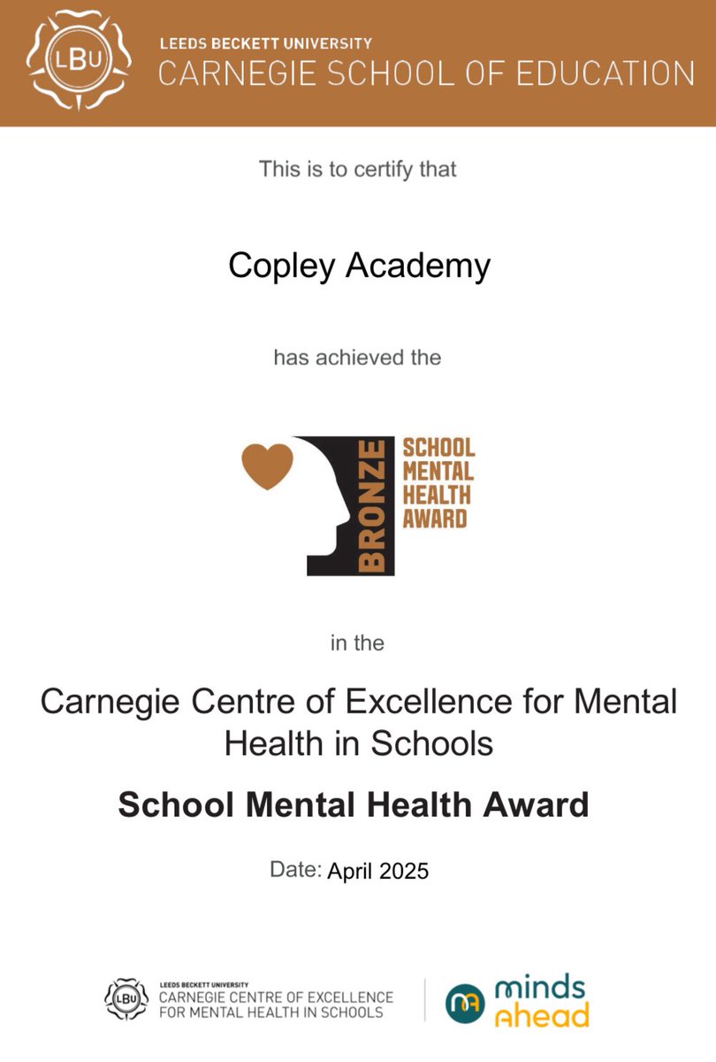 copleyacademy's tweet image. A huge congratulations to our incredible Mental Health and Wellbeing Team and our fantastic MHWB Leader, Jamie-Lee Knight, on achieving the prestigious Carnegie Bronze Award for Mental Health and Wellbeing on Friday!