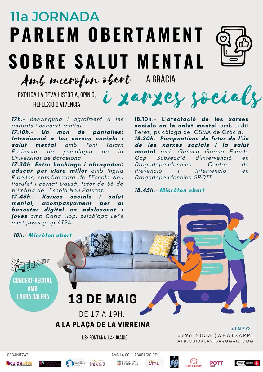 🛋️ 11a JORNADA PARLEM OBERTAMENT
SOBRE SALUT MENTAL (I XARXES SOCIALS)

🗓️ Dimarts 13 de maig
⏰ 17 a 19 h
📍 Plaça de la Virreina de Gràcia