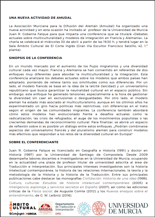 LetrasUMU's tweet photo. 🇫🇷🇩🇪Hoy se llevará a cabo la Conferencia titulada "Debates actuales sobre multiculturalidad y modelos de integración en Francia y Alemania" a las 19:30h en la Sala Ámbito Cultural-El Corte Inglés a cargo de D. Juan R. Goberna Falqué (@JuanGoberna1).

¡Os esperamos!😉 https://t.co/Ha6c4jyz1q