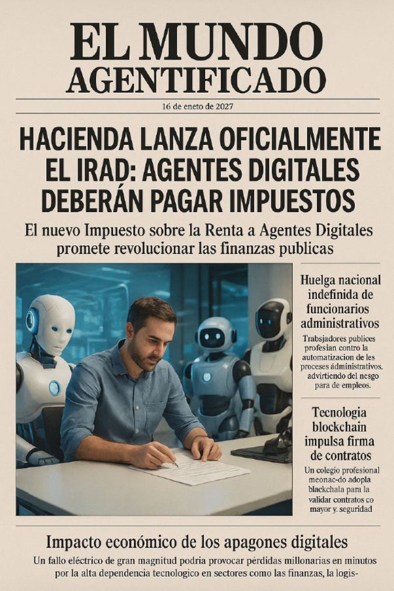 Me aventuro a diseñar una portada de un periódico para el año 2027.

#ImpuestoSobreLaRenta #agentes #ia