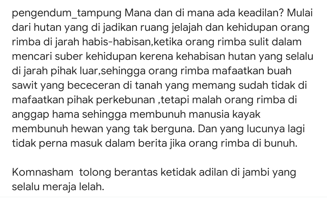 daniellsinaga_'s tweet photo. Kabar Duka dari Orang Rimba 🥲

Pangendum Tampung, salah seorang orang rimba dlm postingannya, meminta KEADILAN atas kematian seorang saudara sesama orang rimba di atas tanah mereka sendiri. Mereka adlh orang yg melindungi hutan dari ketamakan manusia. Mari kita bantu mereka. https://t.co/t85eNoo6fO