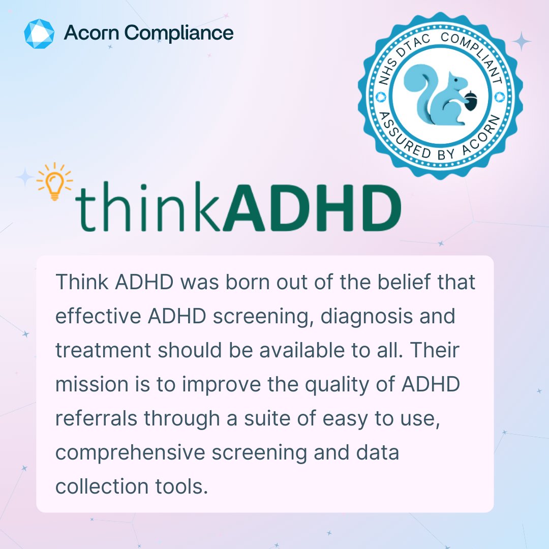 Acorn Compliance (@acorncompliance) on Twitter photo We are happy to announce that thinkADHD is now fully #DTAC compliant!
This #innovation, founded by <a href="/drbenstride/">Dr Ben Stride</a> is particularly close to our heart, and we are proud to support their mission by getting them #compliant through the Squirrel™ automated compliance platform. We are happy to announce that thinkADHD is now fully #DTAC compliant!
This #innovation, founded by <a href="/drbenstride/">Dr Ben Stride</a> is particularly close to our heart, and we are proud to support their mission by getting them #compliant through the Squirrel™ automated compliance platform.