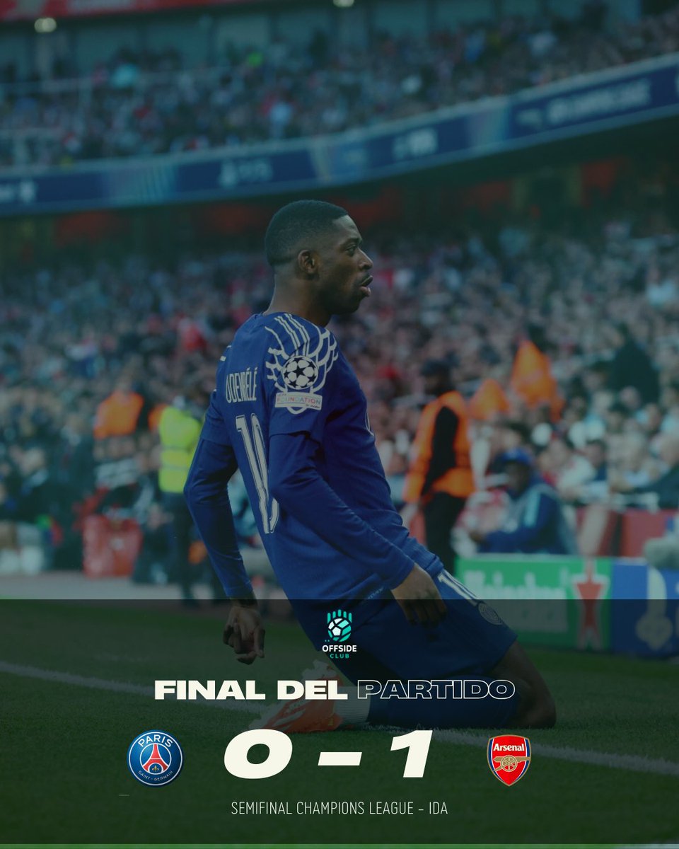 offside_game's tweet photo. El PSG gana en el Emirates y deja todo servido para celebrar en París su paso a una final de Champions.

No fue la noche de Saka, pero si la noche de Dembele, que abrió el marcador a los 4' del primer tiempo.

¿Finalista el PSG, o lo da vuelta el Arsenal? #prediccionesfútbol https://t.co/ZhUDGj0j5j