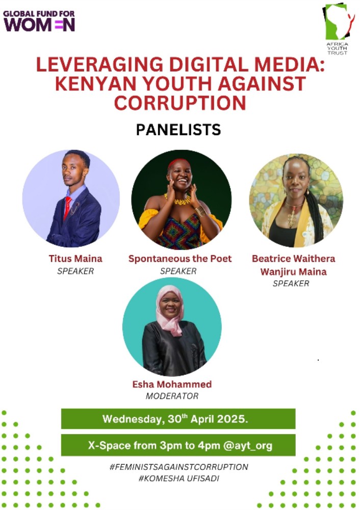 Today at 3 PM (EAT)! Join us live on X Space for a powerful conversation on youth, digital activism &amp; the fight against corruption.
#KomeshaUfisadi #FeministAgainstCorruptionKE
<a href="/EshaMohamed6/">Esha Mohamed</a>
<a href="/BettieWaShiro/">Beatrice Waithera Wanjirū #SlamCensorship🇰🇪✊🏾</a>
<a href="/Spontaneousray/">Spontaneous The Poet</a>
<a href="/maina6840/">Poetic.</a>