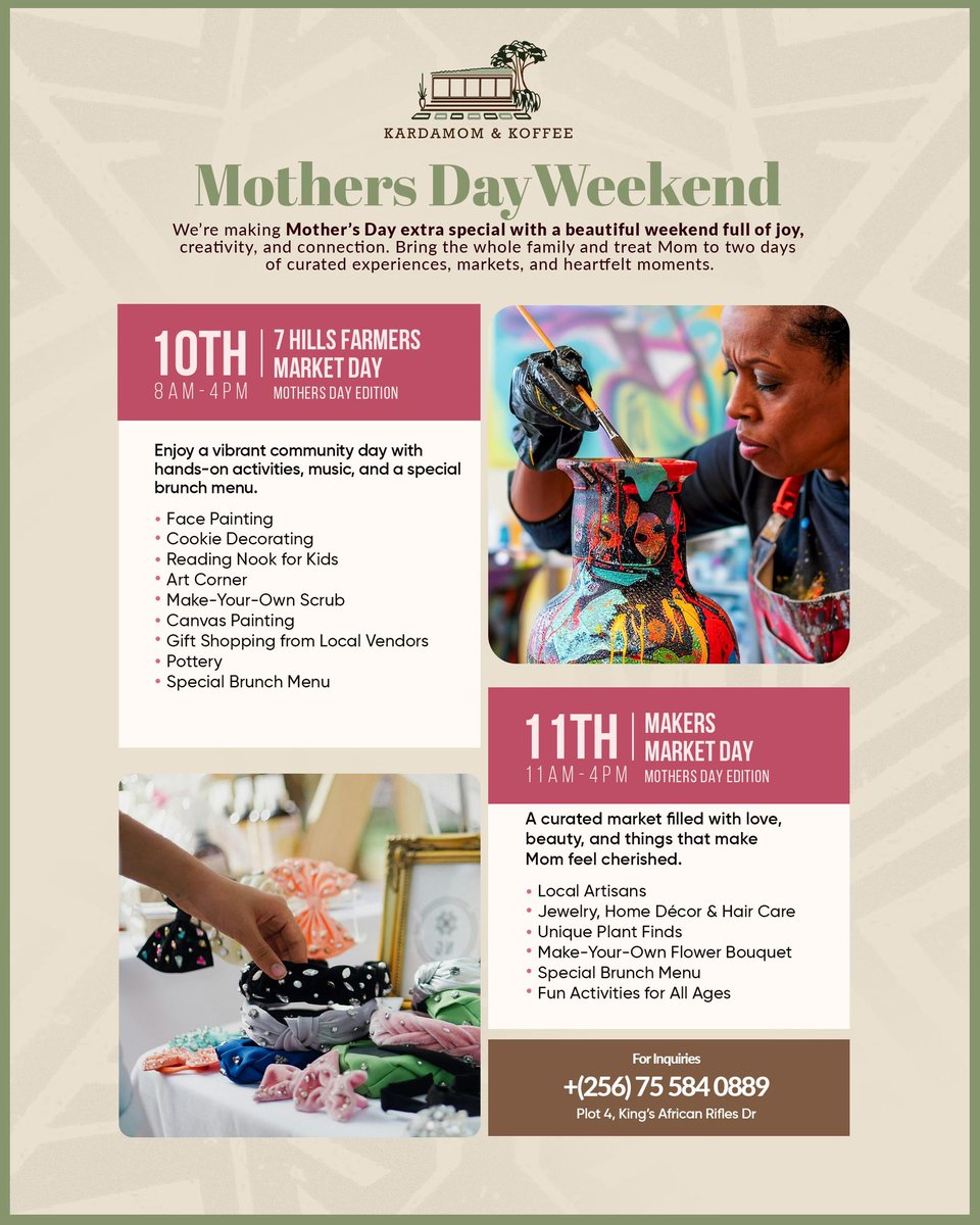 Celebrate Mom all weekend at Kardamom &amp; Koffee!
May 10–11: Family fun, creative activities, curated markets &amp; special brunch menus.
Come make memories that matter.
#MothersDayUG #7HillsMarket #MakersMarket