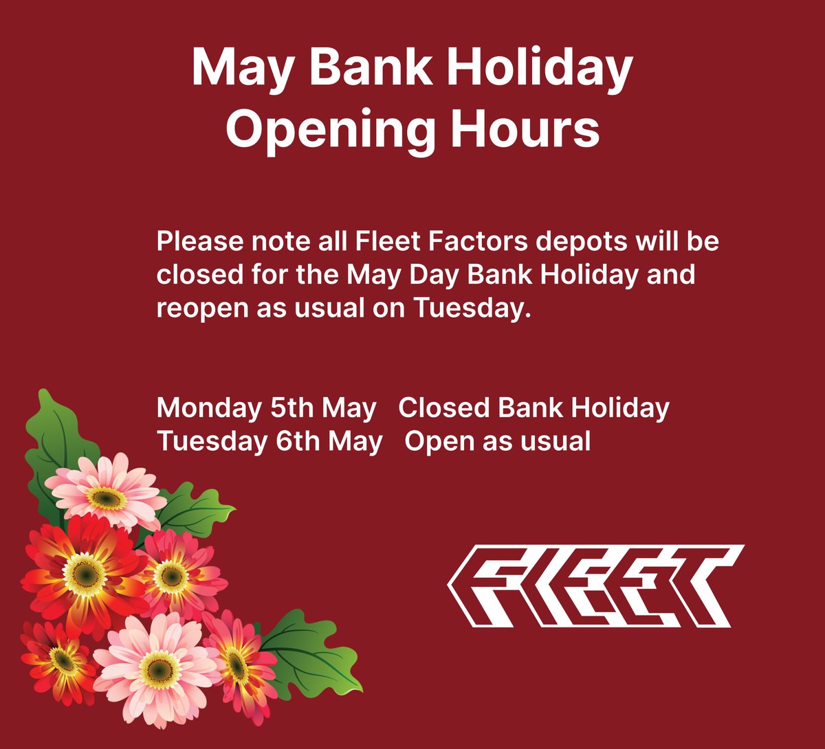 Please note the opening hours for the bank holiday. Have a fantastic May Bank Holiday 🌷